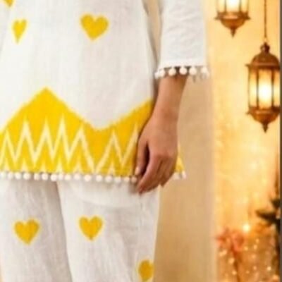 Women's White & Yellow Heart Print Kurta Pant Set