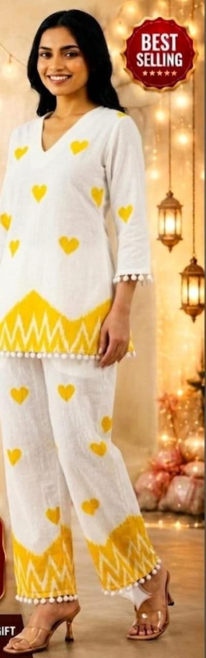 Women's White & Yellow Heart Print Kurta Pant Set