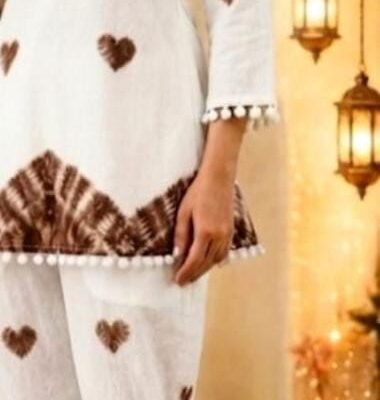 Women’s White & Brown Heart Print Kurta Pant Set | Feeling Celebration