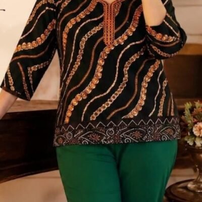 Black Printed Kurti with Green Pant Set | Feeling Celebration