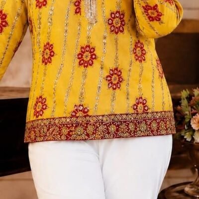 Yellow Floral Printed Kurti with White Pant Set | Feeling Celebration