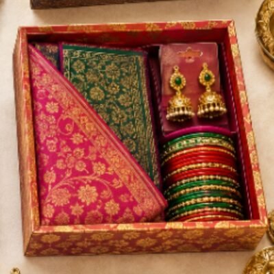 Traditional Green & Red Bangles with Jhumka Gift Box Set | Feeling Celebration