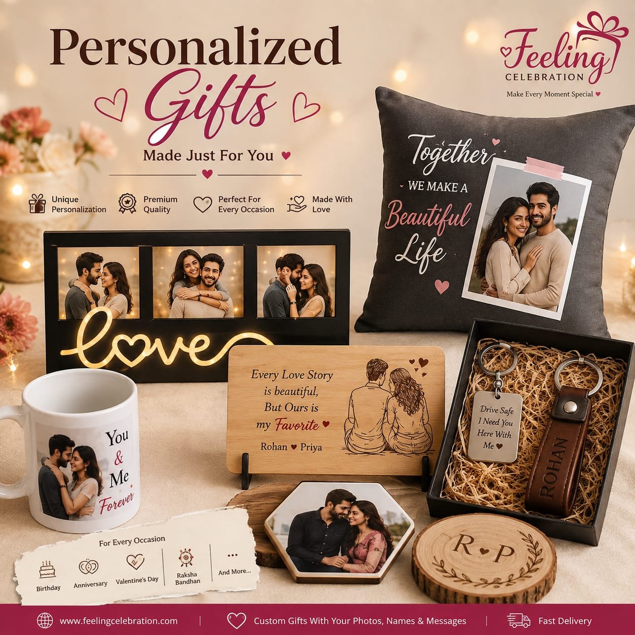 Personalized Love Gift Combo – Photo Frame, Cushion, Mug & Wooden Keepsakes | Feeling Celebration