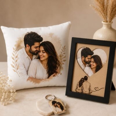 Personalized Couple Photo Gift Set – Cushion, Heart Frame & Photo Keychain | Feeling Celebration