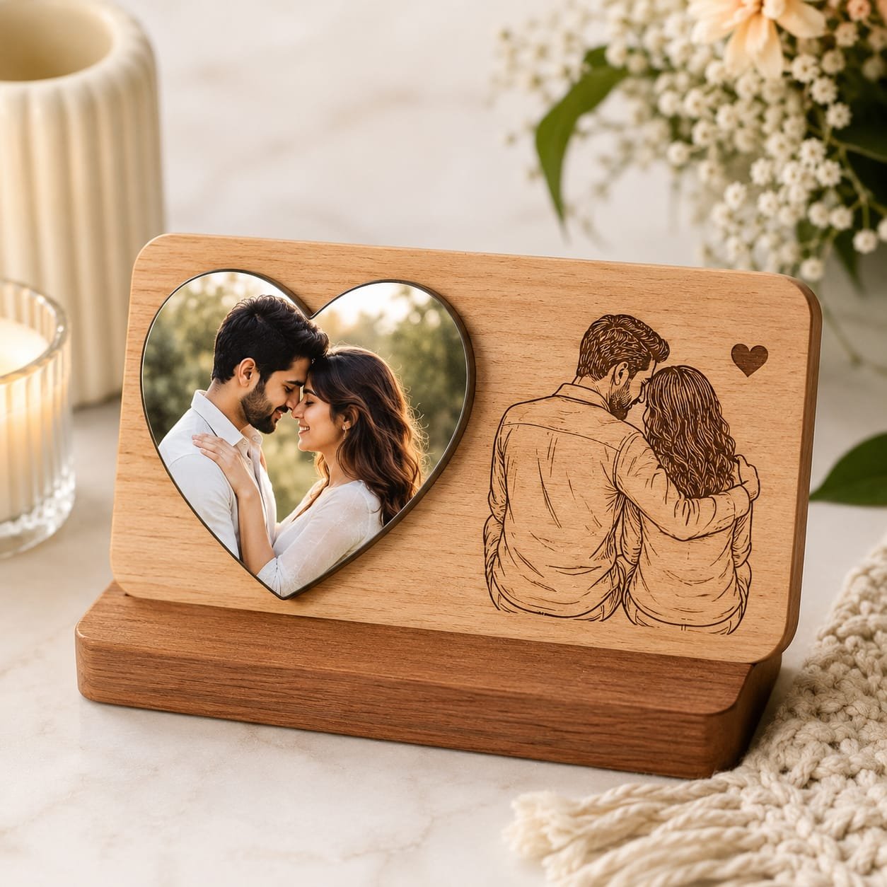 Personalized Wooden Heart Photo Frame with Couple Engraving | Feeling Celebration