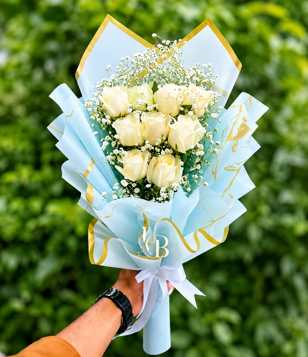 Elegant White Rose & Baby’s Breath Bouquet