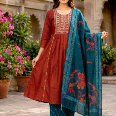 Rust Red Embroidered Suit with Teal Dupatta | Feeling Celebration