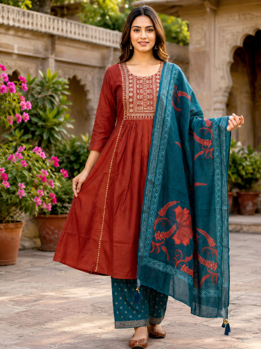 Rust Red Embroidered Suit with Teal Dupatta | Feeling Celebration