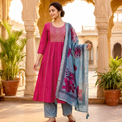 Magenta Embroidered Suit with Blue Floral Dupatta | Feeling Celebration