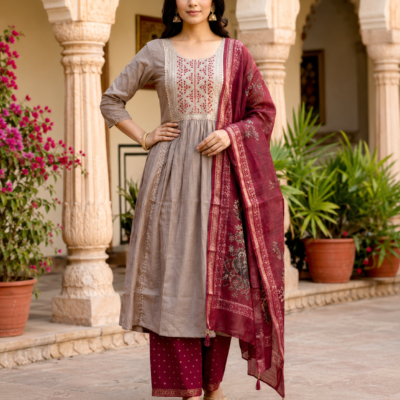 Grey Anarkali Suit with Maroon Dupatta | Feeling Celebration
