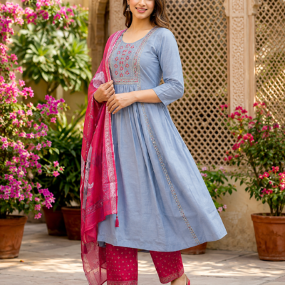 Sky Blue Anarkali Suit with Pink Dupatta | Feeling Celebration