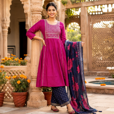 Fuchsia Embroidered Anarkali Suit with Navy Floral Dupatta | Feeling Celebration