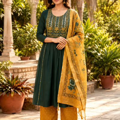 Dark Green Embroidered Suit with Mustard Dupatta | Feeling Celebration