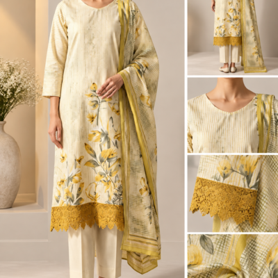 Elegant Cream & Mustard Floral Printed 3-Piece Suit Set