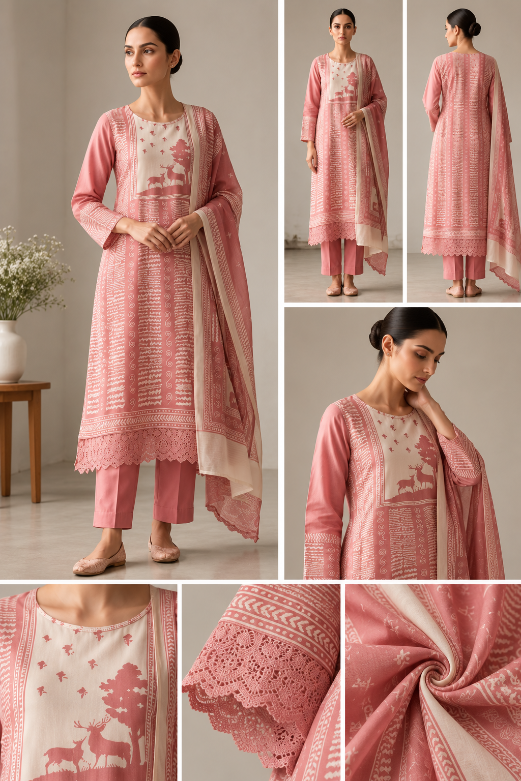Rose Pink Printed 3-Piece Salwar Suit Set - Image 2