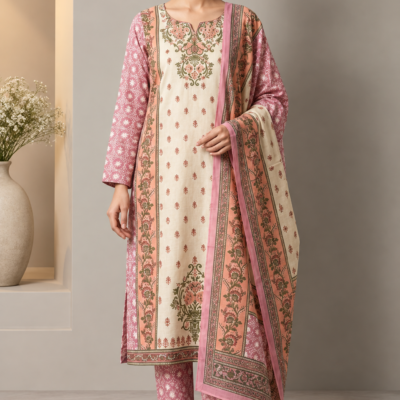 Ivory & Pink Floral Printed 3-Piece Suit Set