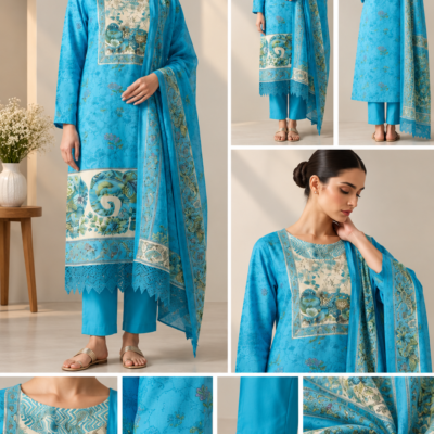 Turquoise Blue Floral Printed 3-Piece Suit Set