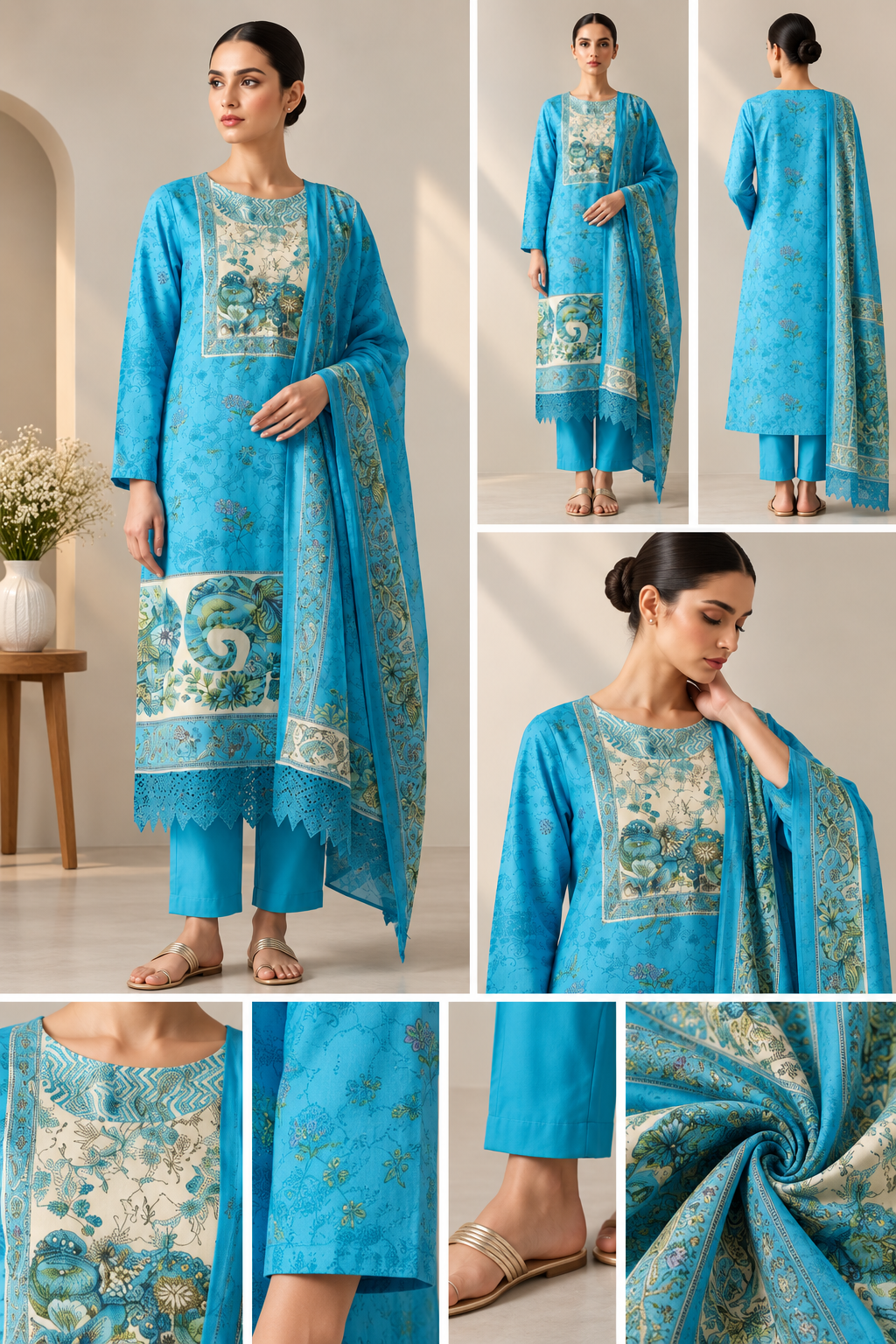 Turquoise Blue Floral Printed 3-Piece Suit Set