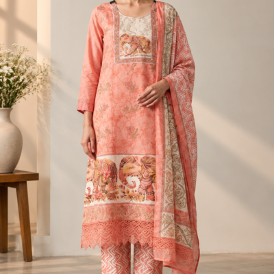 Peach & Cream Printed 3-Piece Suit Set