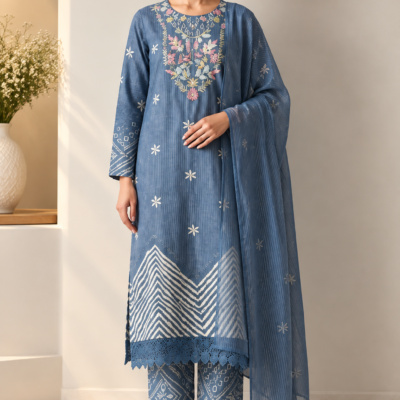 Denim Blue Floral Embroidered 3-Piece Suit Set