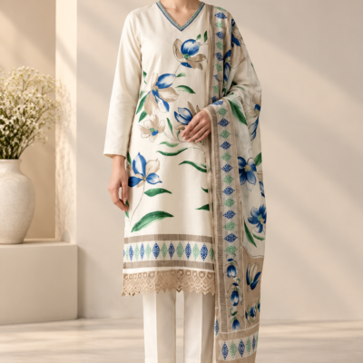 Ivory Blue Floral Printed 3-Piece Suit Set