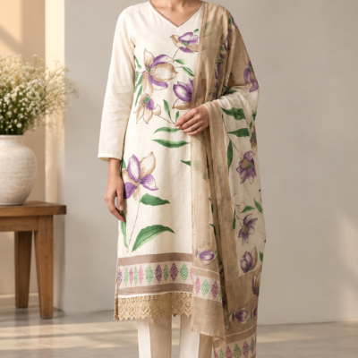 Ivory Purple Floral Printed 3-Piece Suit Set