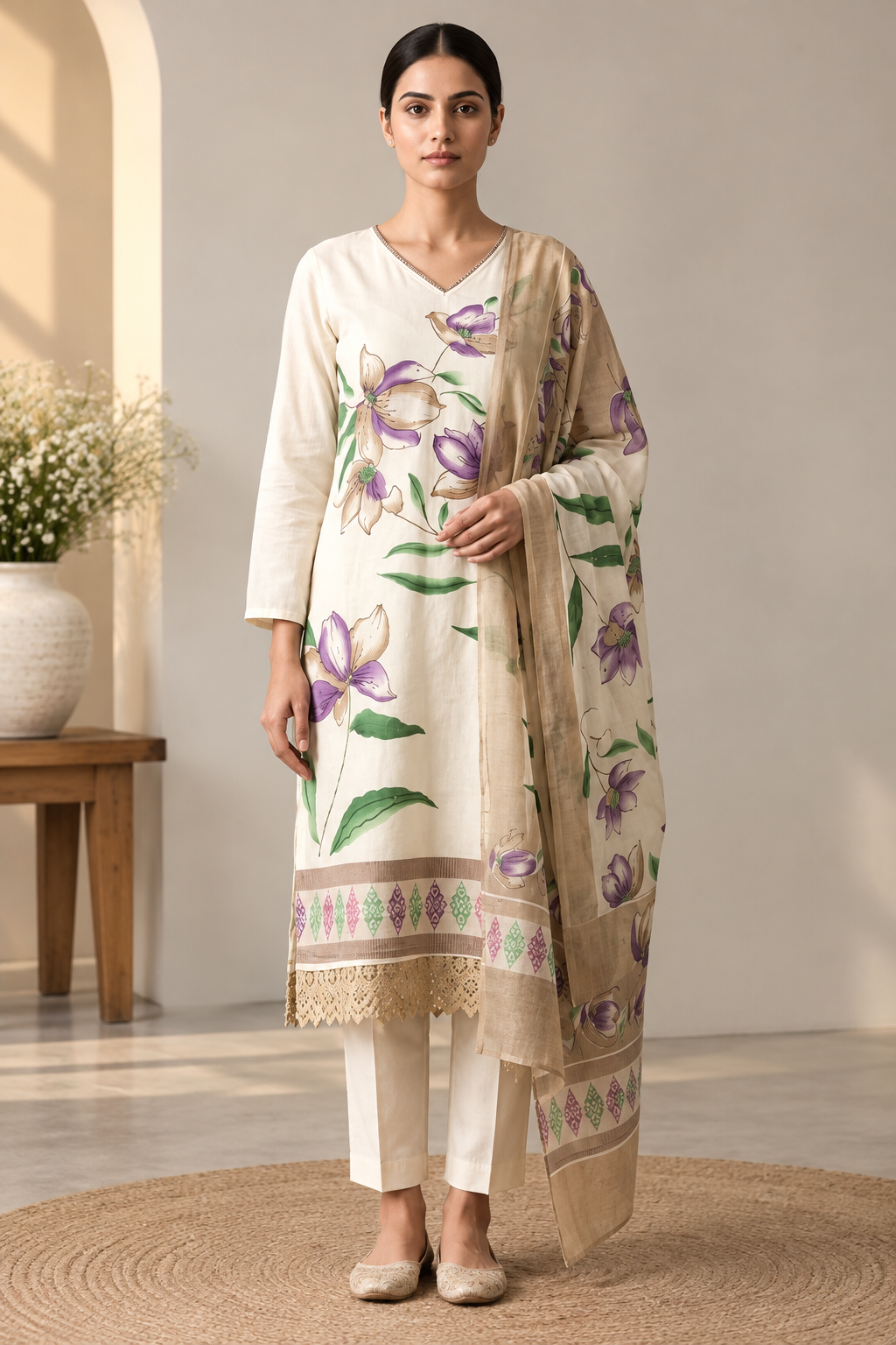 Ivory Purple Floral Printed 3-Piece Suit Set