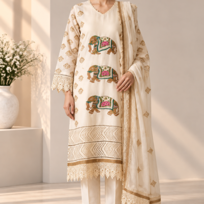 Ivory Embroidered Elephant Print 3-Piece Suit Set
