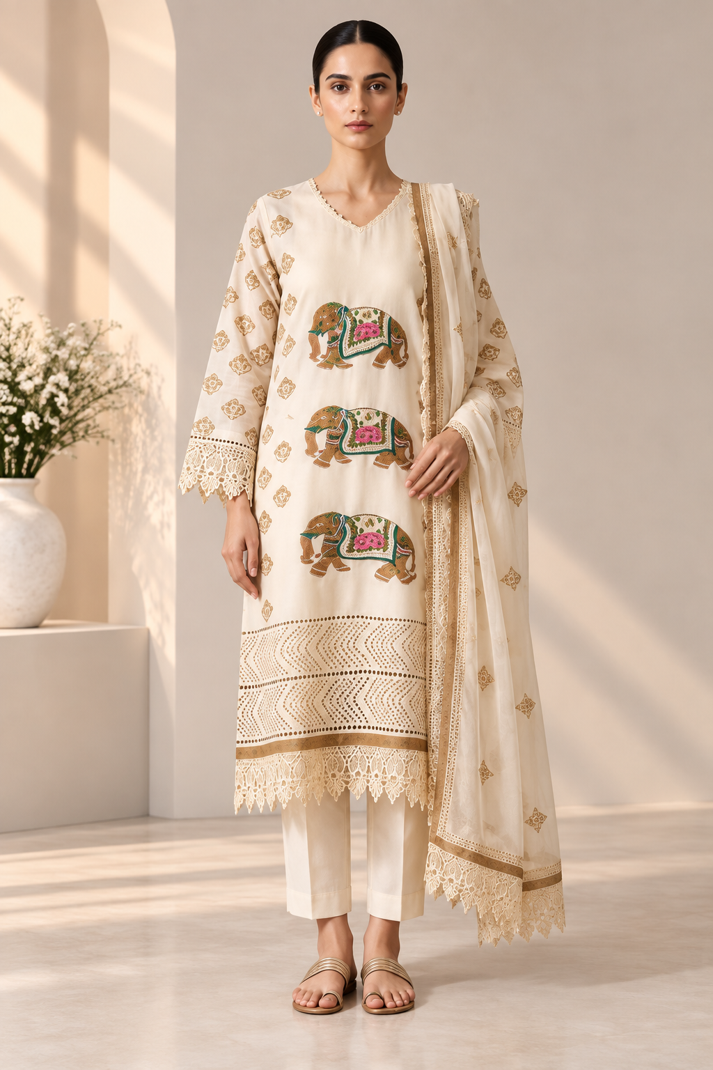 Ivory Embroidered Elephant Print 3-Piece Suit Set