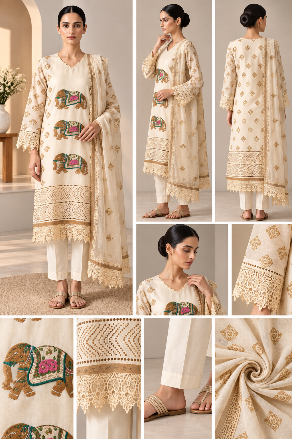 Ivory Embroidered Elephant Print 3-Piece Suit Set - Image 2