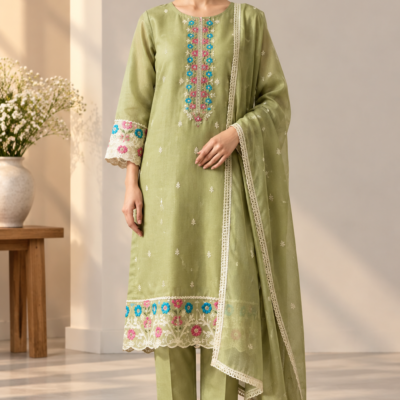 Sage Green Floral Embroidered 3-Piece Suit Set