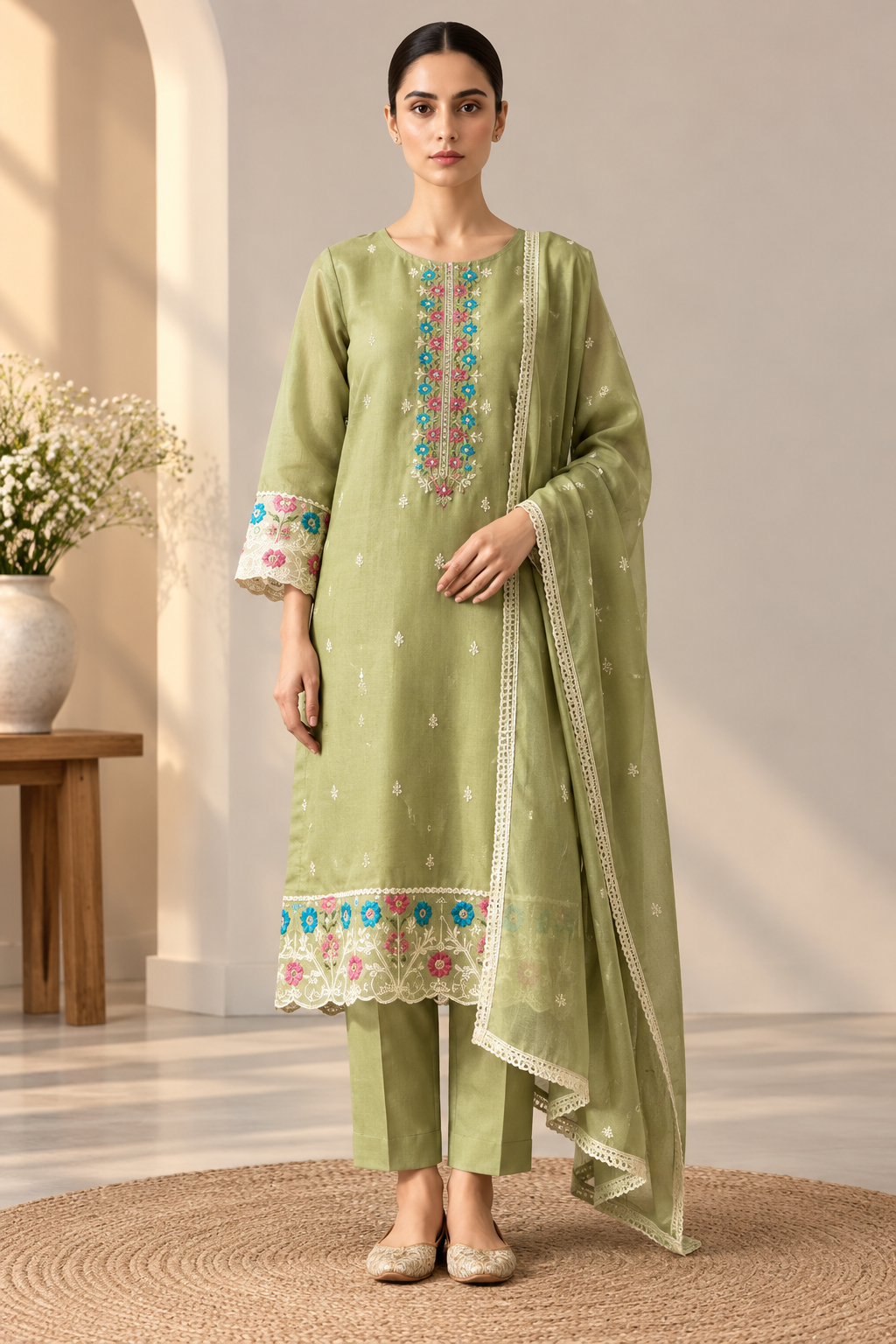 Sage Green Floral Embroidered 3-Piece Suit Set