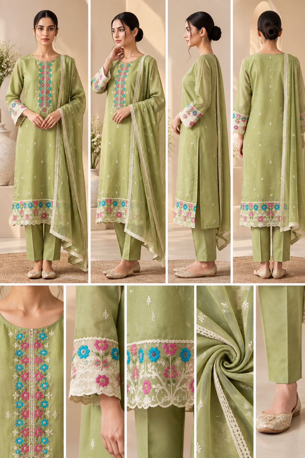 Sage Green Floral Embroidered 3-Piece Suit Set - Image 2