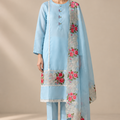 Sky Blue Floral Embroidered 3-Piece Suit Set