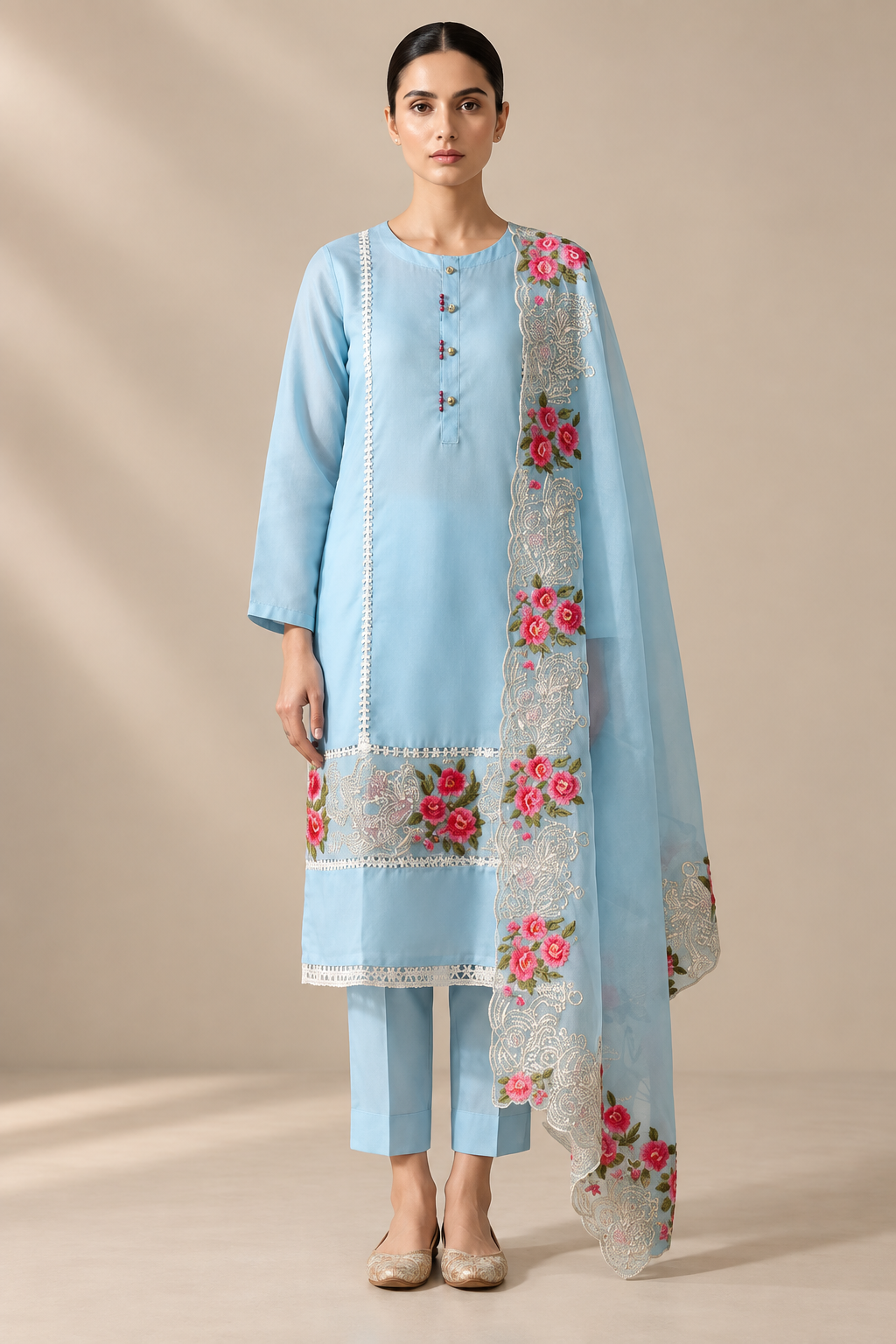 Sky Blue Floral Embroidered 3-Piece Suit Set