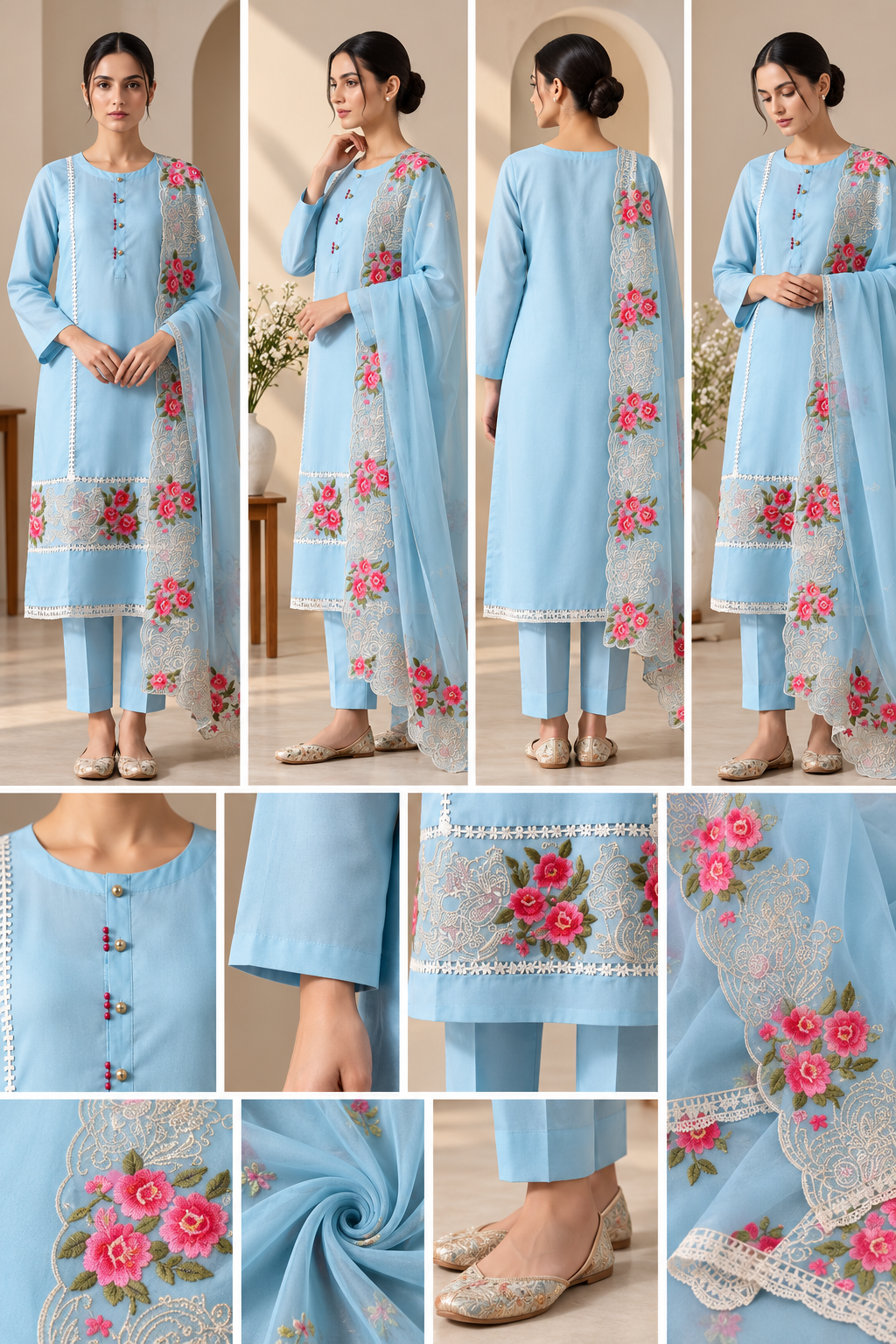 Sky Blue Floral Embroidered 3-Piece Suit Set - Image 2