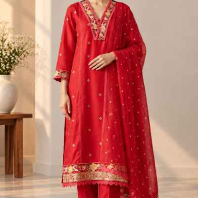 Red Embroidered 3-Piece Suit Set