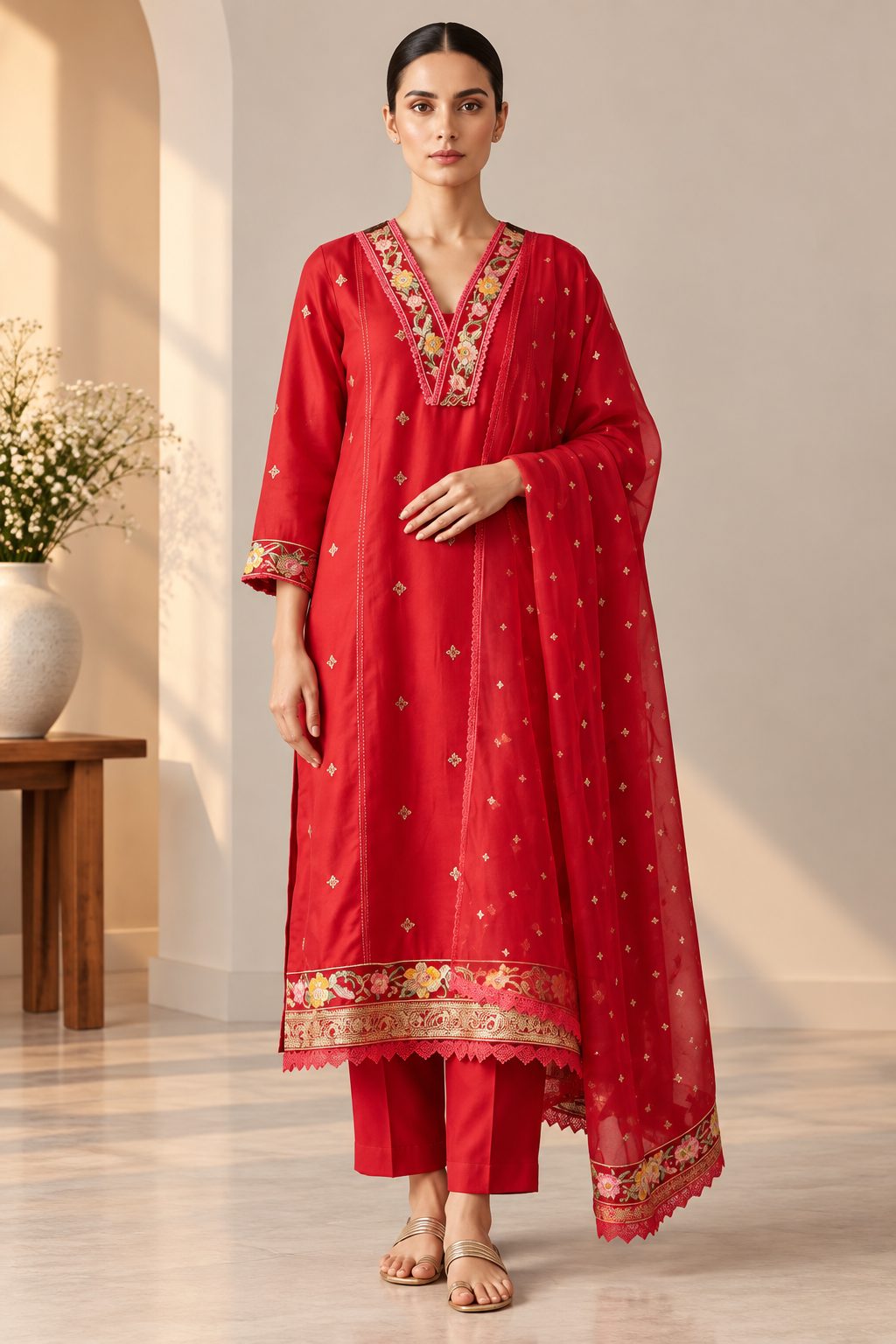 Red Embroidered 3-Piece Suit Set