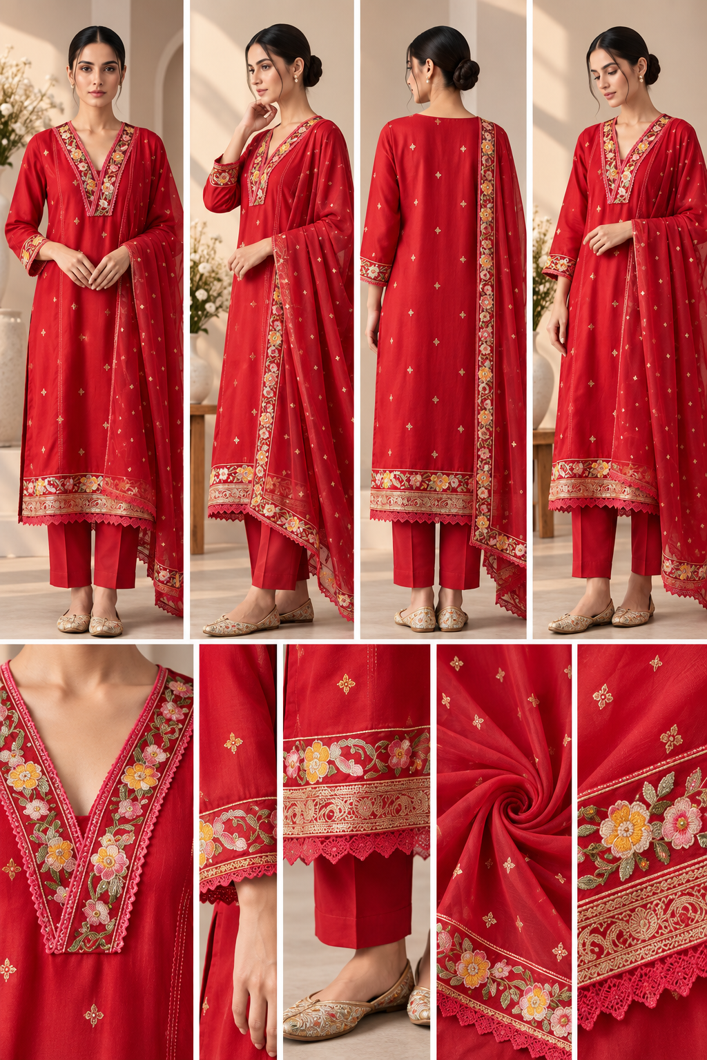 Red Embroidered 3-Piece Suit Set - Image 2
