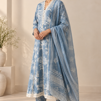 Powder Blue Floral Printed 3-Piece Suit Set