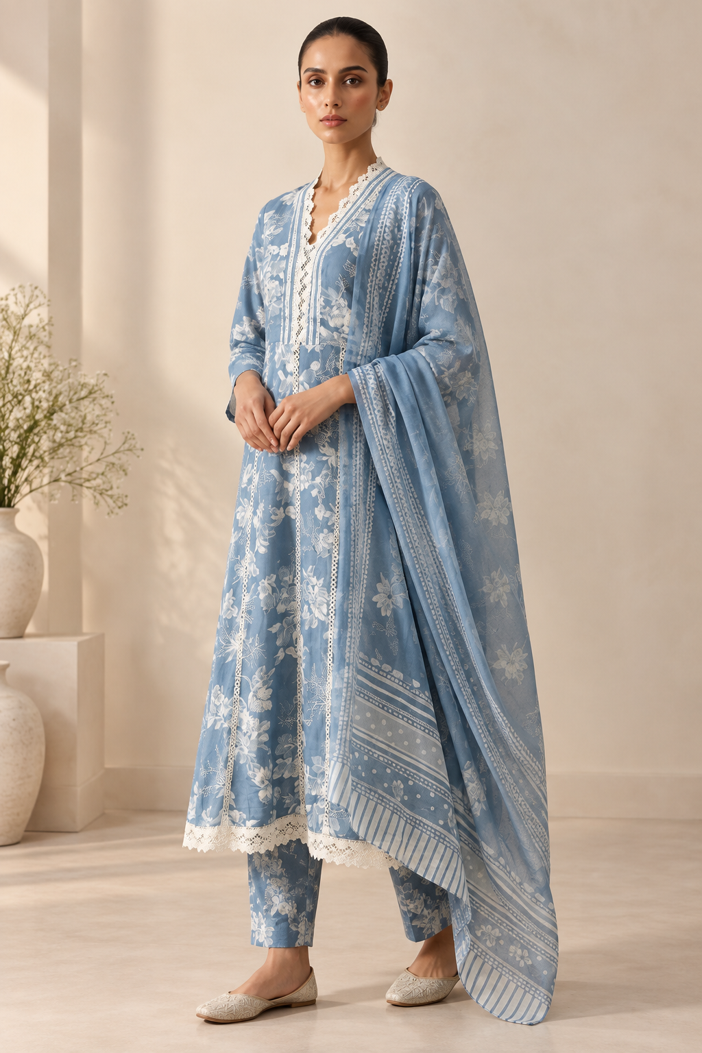 Powder Blue Floral Printed 3-Piece Suit Set
