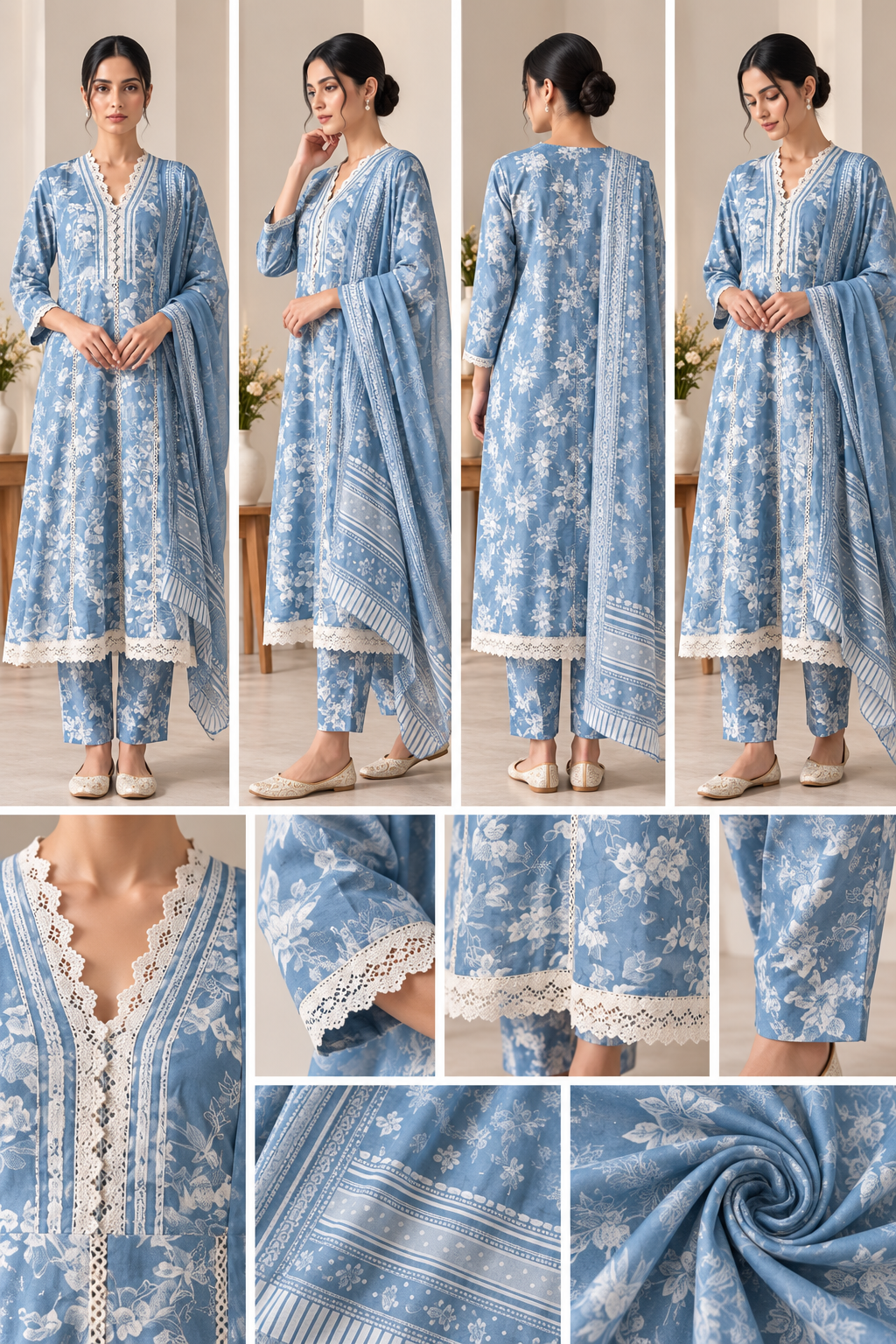 Powder Blue Floral Printed 3-Piece Suit Set - Image 2