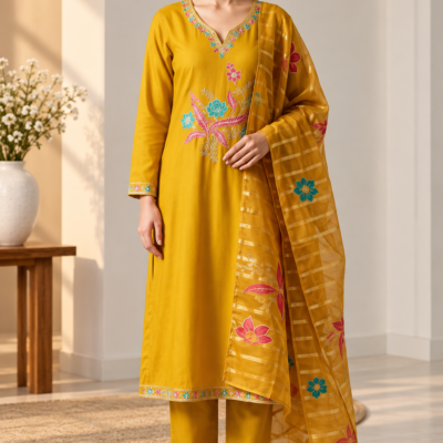 Mustard Yellow Floral Embroidered 3-Piece Suit Set