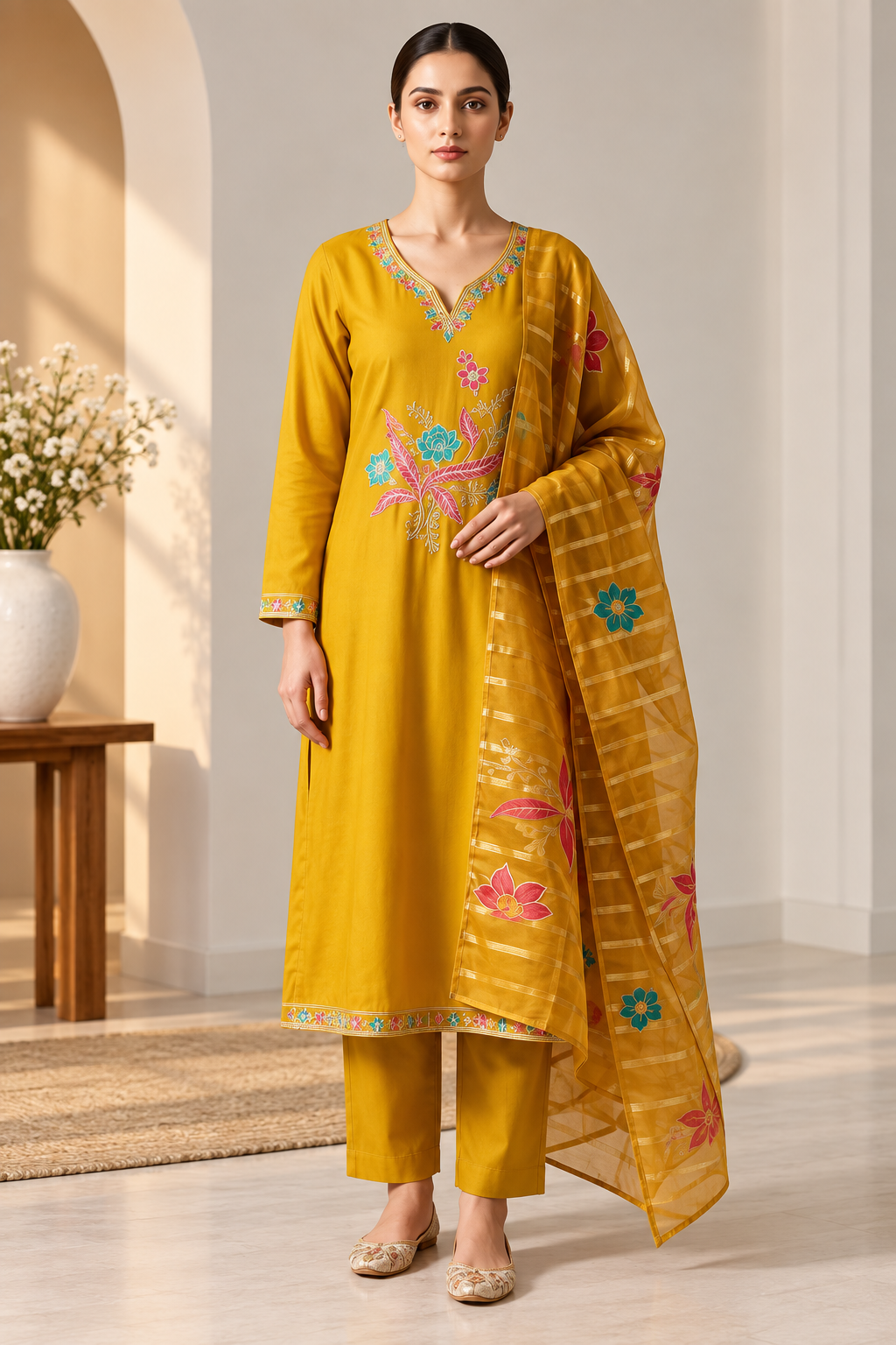 Mustard Yellow Floral Embroidered 3-Piece Suit Set