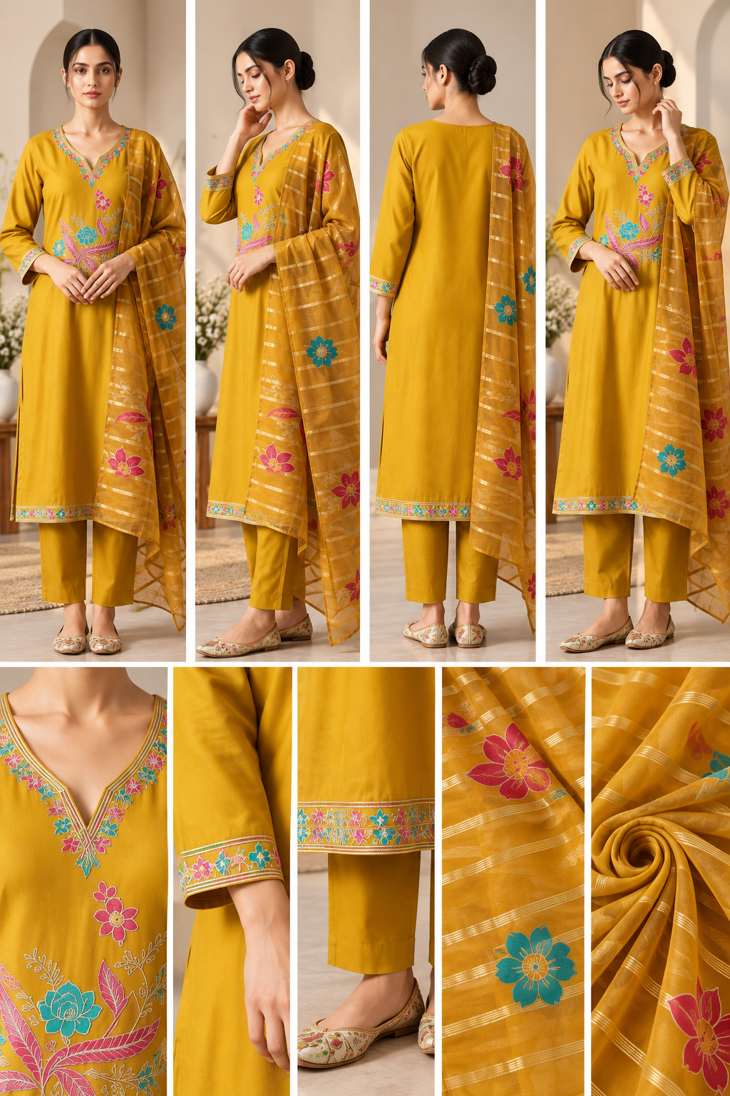 Mustard Yellow Floral Embroidered 3-Piece Suit Set - Image 2