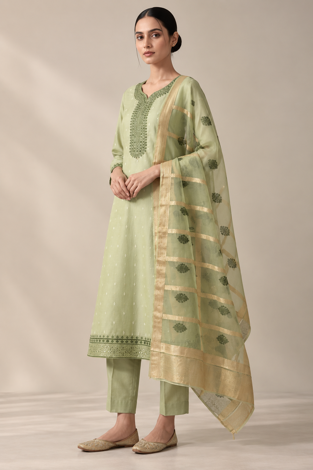 Pastel Green Embroidered 3-Piece Suit Set