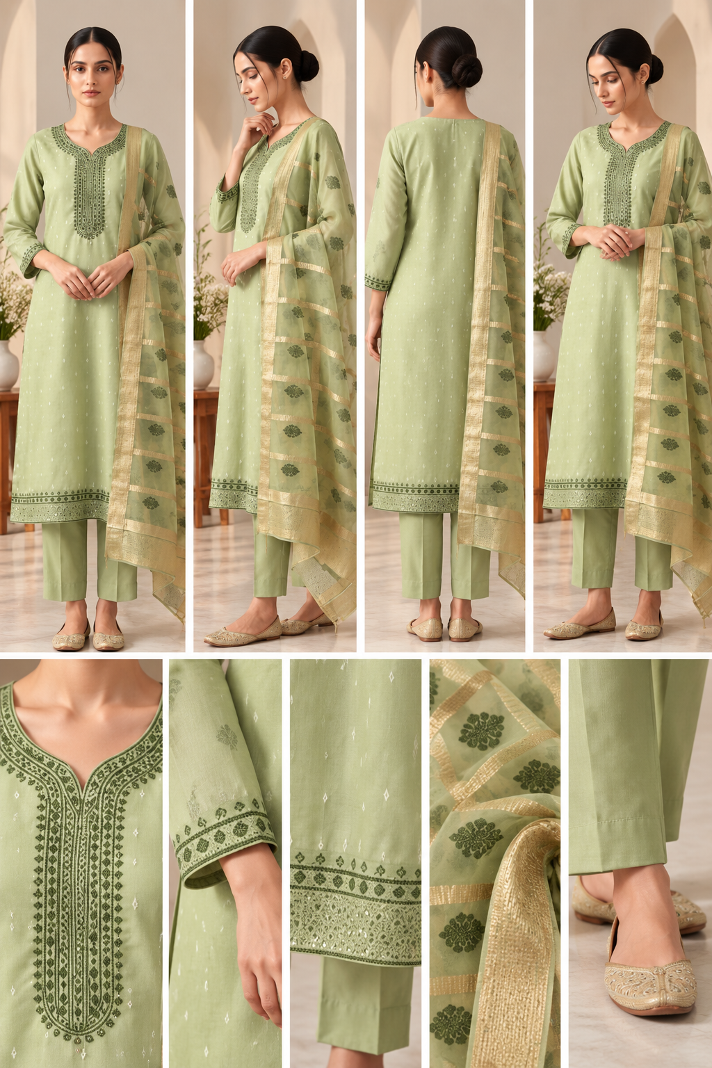 Pastel Green Embroidered 3-Piece Suit Set - Image 2