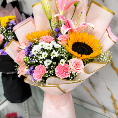 Premium Pink Lily, Rose & Sunflower Bouquet