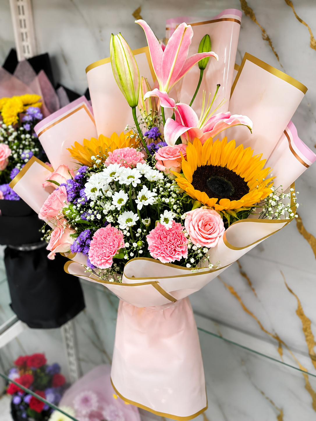 Premium Pink Lily, Rose & Sunflower Bouquet