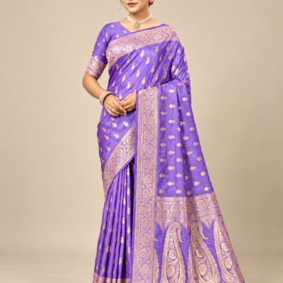 Lavender Purple Silk Saree with Golden Zari Work